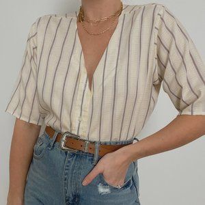 Vintage Linen Striped Short Sleeve Blouse in White & Yellow